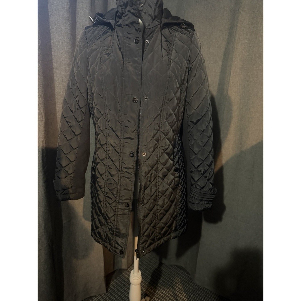 Sebby Collection Black Quilted Parka Jacket Detachable Hood Womens Small